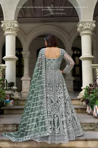 sea green net dori stone work anarkali suit- Full Stitched free size
