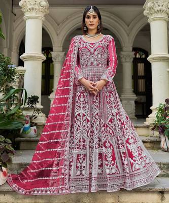 pink net anarkali gown with dori stone work- Full Stitched free size 1