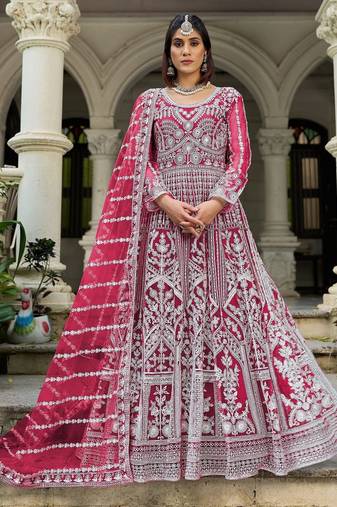 Rani pink dori stonw work net fabric full stitched wedding party wear anarkali gown salwar suit with net dupatta