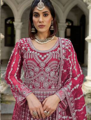 pink net anarkali gown with dori stone work- Full Stitched free size 2