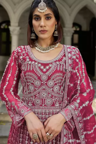 pink net anarkali gown with dori stone work- Full Stitched free size