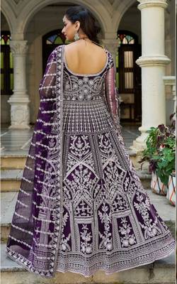 purple net anarkali gown with dori stone work- Full Stitched free size 3
