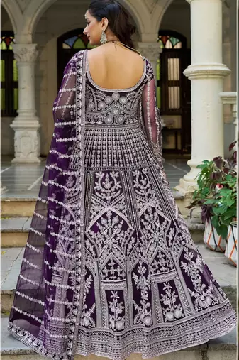 purple net anarkali gown with dori stone work- Full Stitched free size