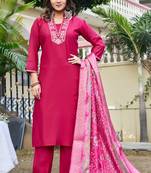 Women Floral Embroidered Empire Thread Work Roman Slik Kurta Pant With Dupatta