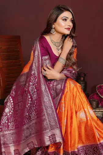 Orange Color Handloom Zari Woven Satin Silk Sarees 