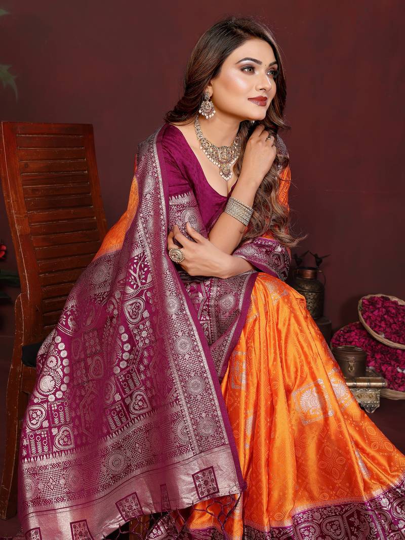 Orange Color Handloom Zari Woven Satin Silk Sarees 