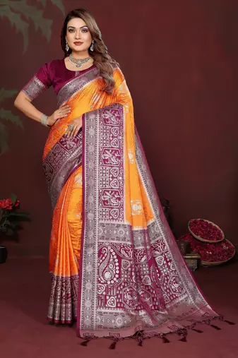 Orange Color Handloom Zari Woven Satin Silk Sarees 