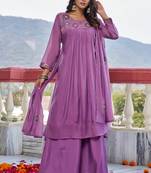 Women  Embroidered  Thread Work Mull Chanderi  Kurta with Palazzo & With Dupatta