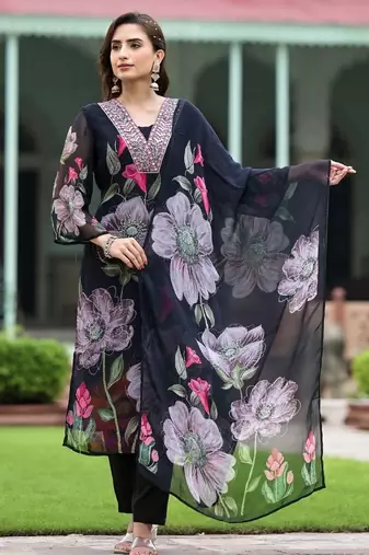  georgette floral embroidered v-neck black kurta pant set with printed dupatta