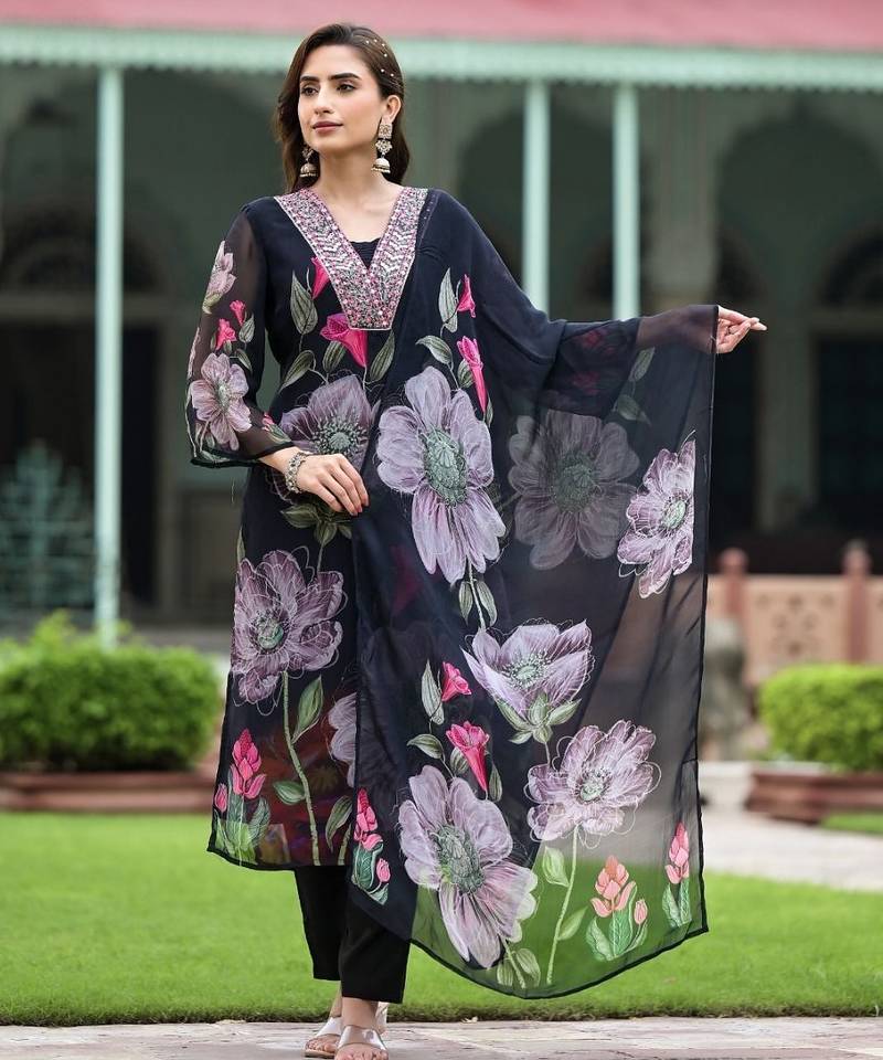 Women’s georgette floral embroidered v-neck black kurta pant set with printed dupatta