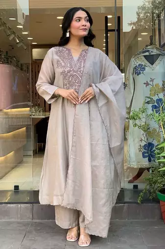  muslin cotton mirror embroidered grey anarkali kurta pant set with printed dupatta