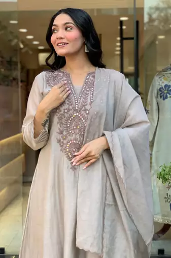  muslin cotton mirror embroidered grey anarkali kurta pant set with printed dupatta