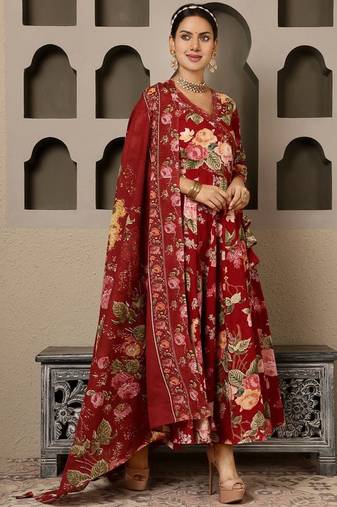 Red Floral Printed Cotton Three-Piece Ethnic Set with Wrap-Style Dress, Bottom & Dupatta