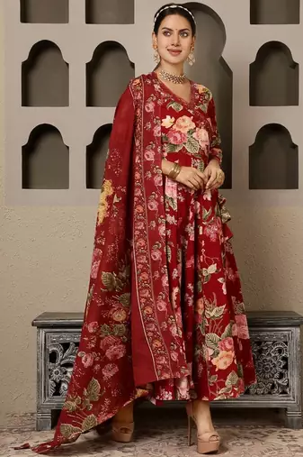 Red Floral Printed Cotton Three-Piece Ethnic Set with Wrap-Style Dress, Bottom & Dupatta