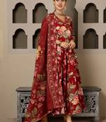 Red Floral Printed Cotton Three-Piece Ethnic Set with Wrap-Style Dress, Bottom & Dupatta