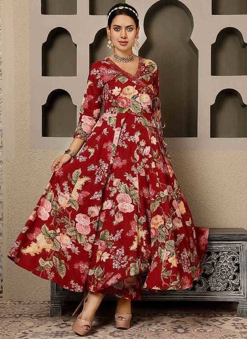 Red Floral Printed Cotton Three-Piece Ethnic Set with Wrap-Style Dress, Bottom & Dupatta