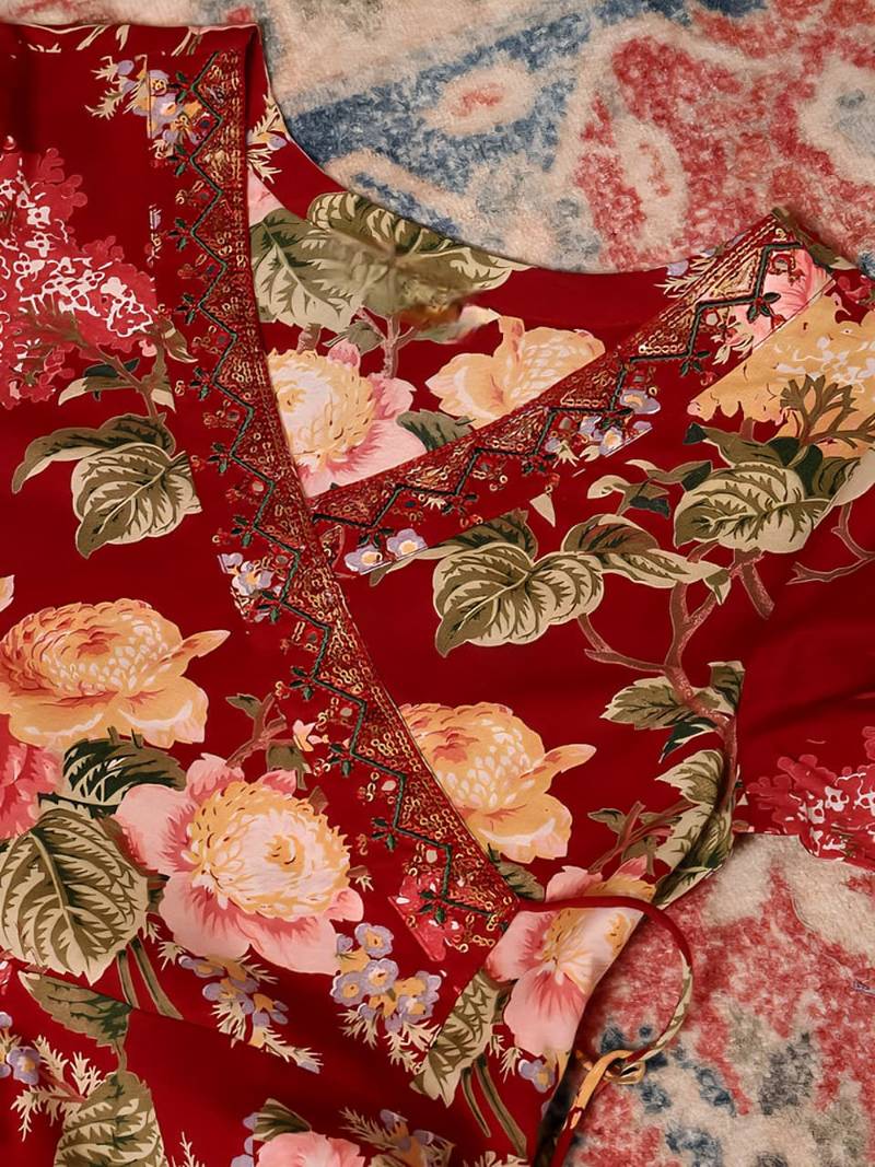 Red Floral Printed Cotton Three-Piece Ethnic Set with Wrap-Style Dress, Bottom & Dupatta