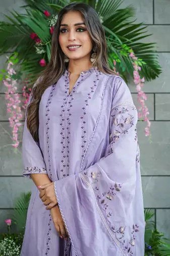  muslin silk embroidered lavender kurta sharara set with dupatta