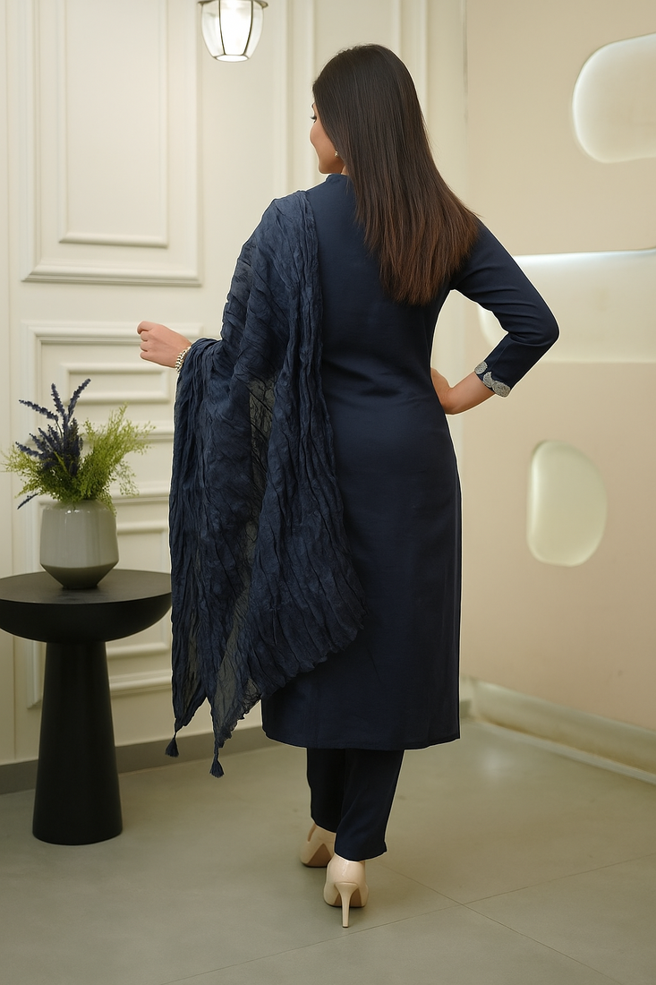 Women’s rayon silk embroidered navy blue kurta pant set with chanderi dupatta