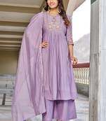 Women  Embroidered  Thread Work Mull Chanderi  Kurta with Palazzo & With Dupatta