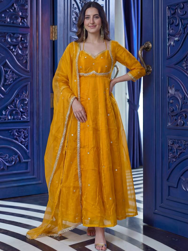 Graceful Yellow Sequins Silk Festival Wear Gown With Dupatta