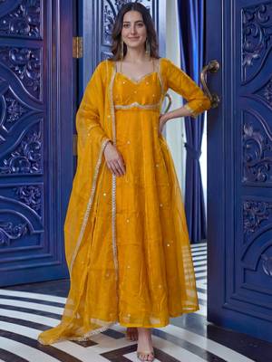 Graceful Yellow Sequins Silk Festival Wear Gown With Dupatta 1
