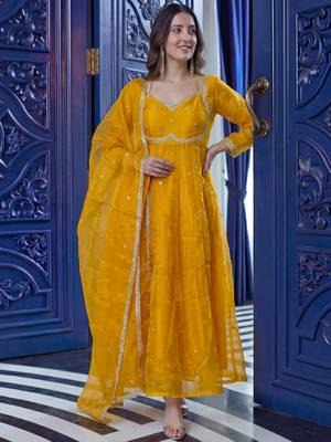 Graceful Yellow Sequins Silk Festival Wear Gown With Dupatta 2