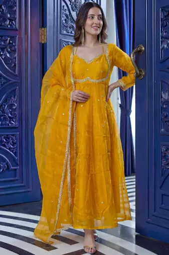 Graceful Yellow Sequins Silk Festival Wear Gown With Dupatta