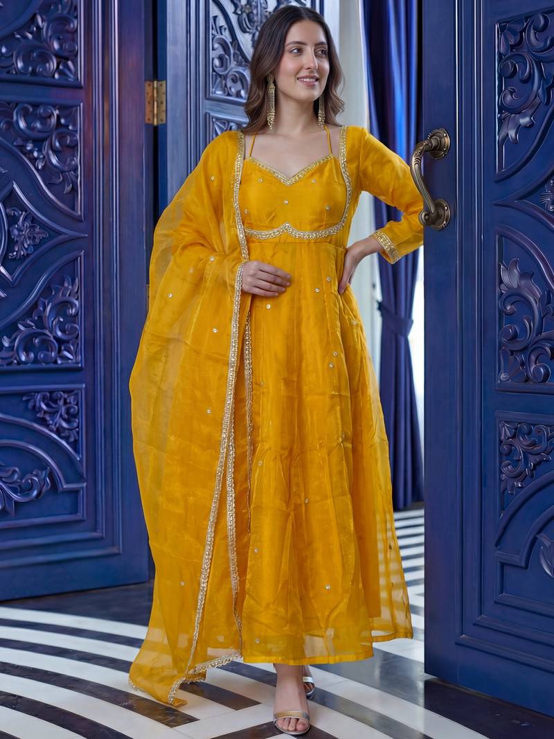 Graceful Yellow Sequins Silk Festival Wear Gown With Dupatta
