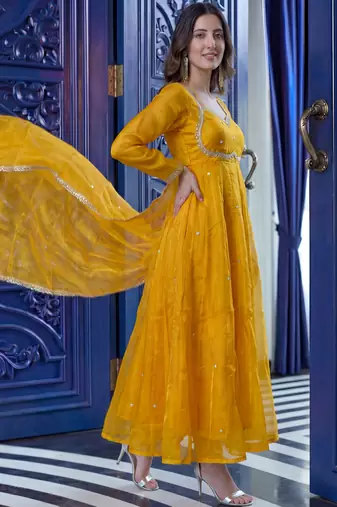 Graceful Yellow Sequins Silk Festival Wear Gown With Dupatta