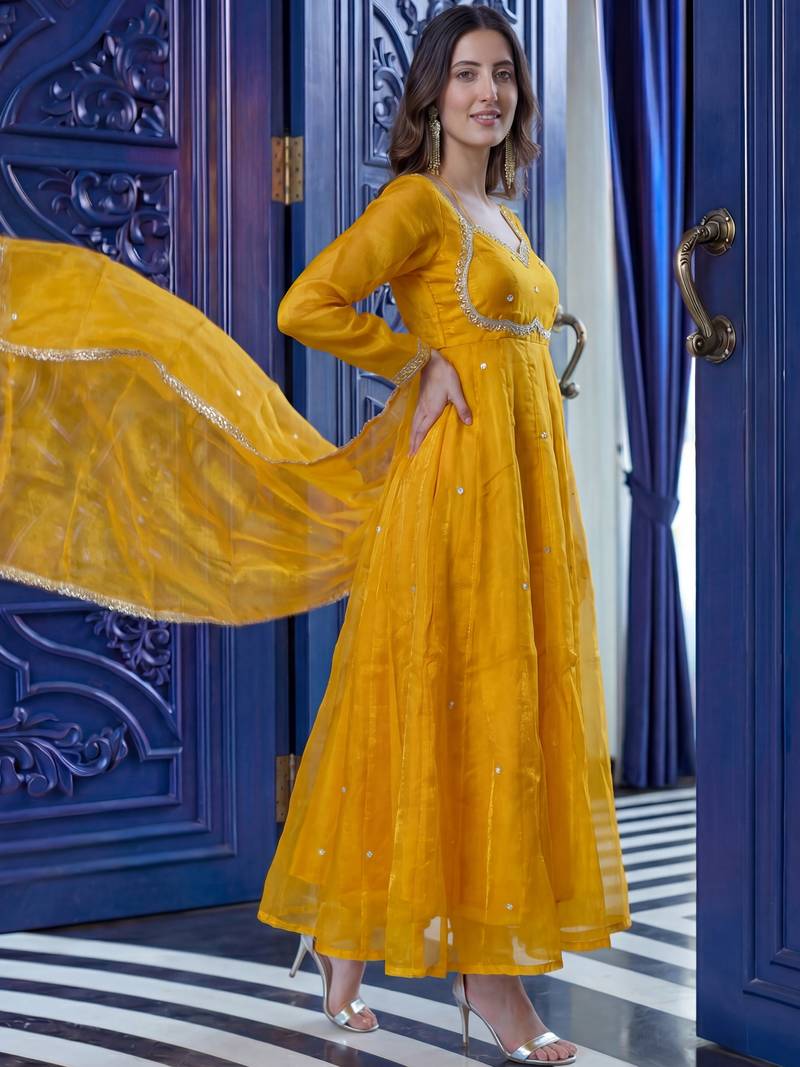 Graceful Yellow Sequins Silk Festival Wear Gown With Dupatta