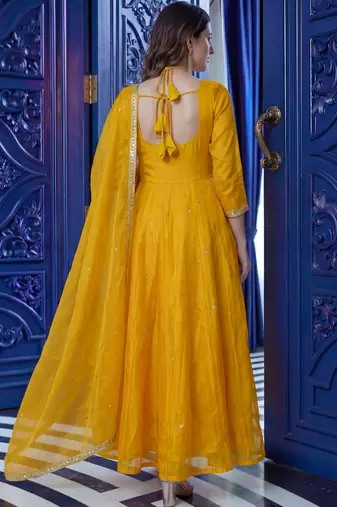 Graceful Yellow Sequins Silk Festival Wear Gown With Dupatta