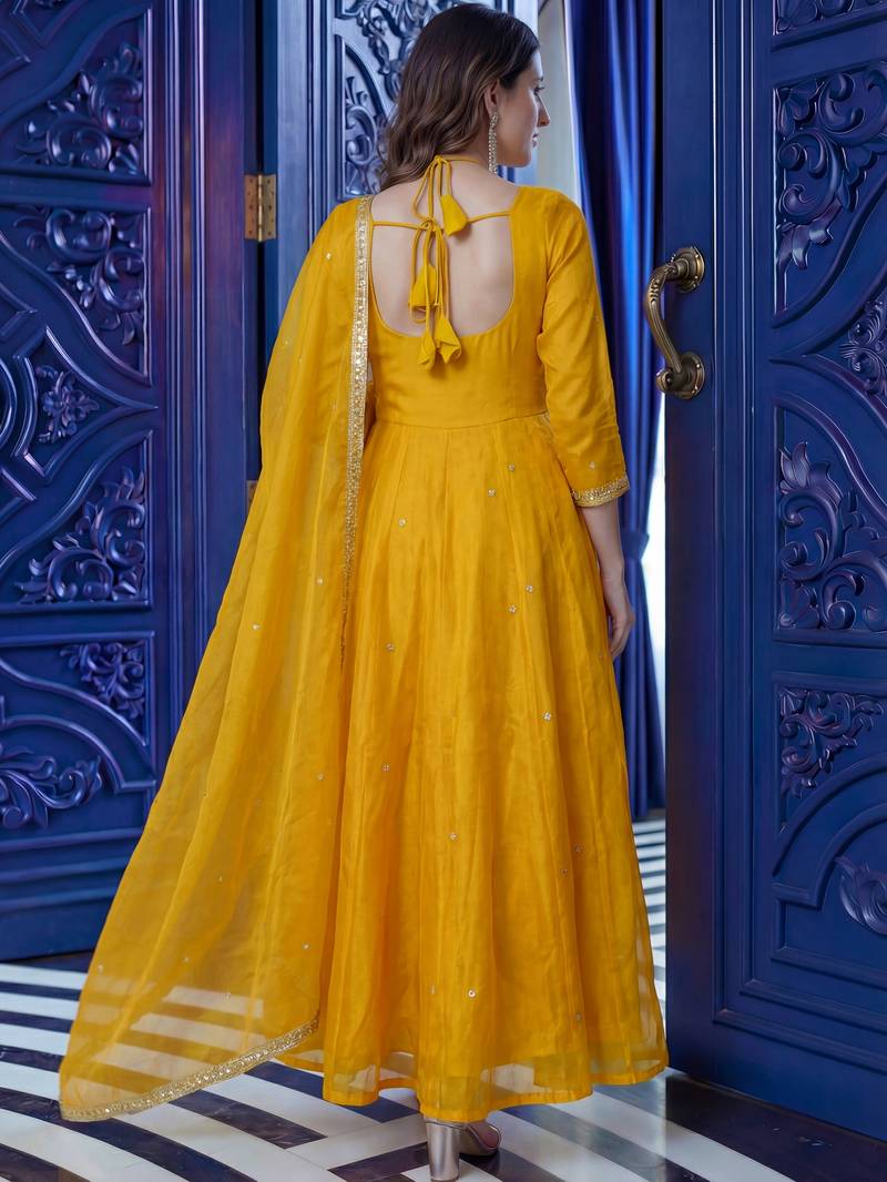 Graceful Yellow Sequins Silk Festival Wear Gown With Dupatta