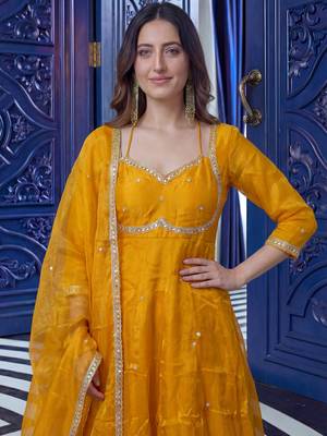 Graceful Yellow Sequins Silk Festival Wear Gown With Dupatta 5