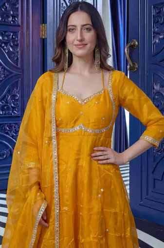 Graceful Yellow Sequins Silk Festival Wear Gown With Dupatta