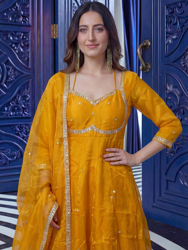 Graceful Yellow Sequins Silk Festival Wear Gown With Dupatta