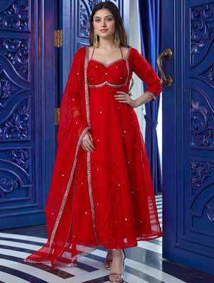Captivating Red Sequins Silk Wedding Wear Gown With Dupatta 1