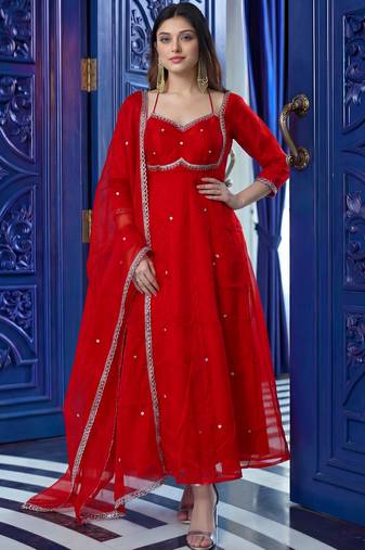 Captivating Red Sequins Silk Wedding Wear Gown With Dupatta