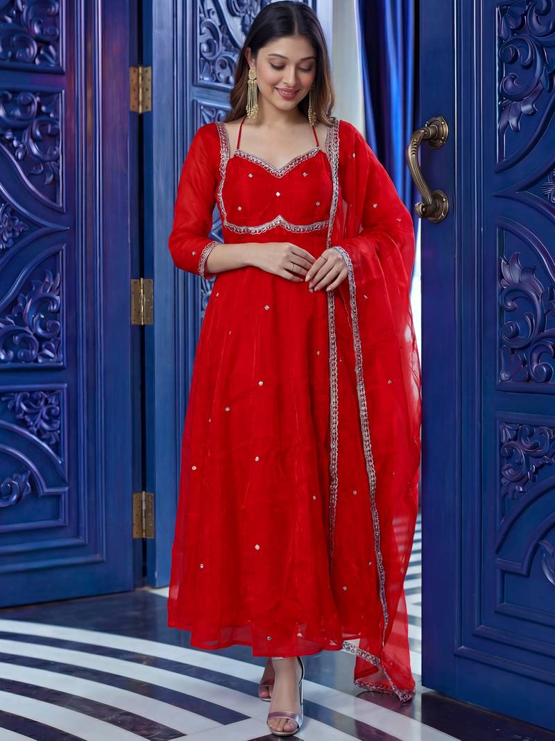 Captivating Red Sequins Silk Wedding Wear Gown With Dupatta