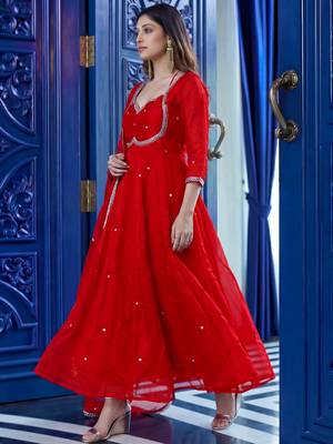 Captivating Red Sequins Silk Wedding Wear Gown With Dupatta 3