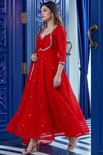 Captivating Red Sequins Silk Wedding Wear Gown With Dupatta