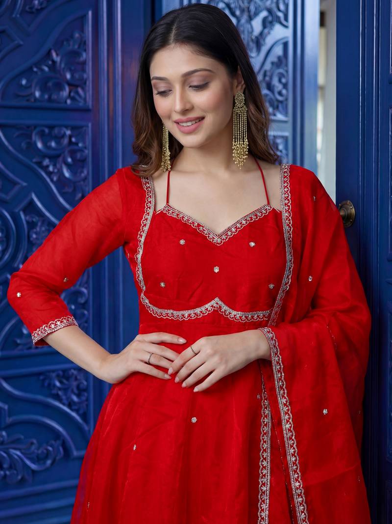 Captivating Red Sequins Silk Wedding Wear Gown With Dupatta