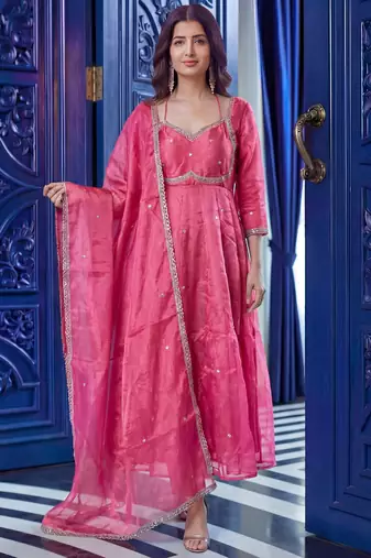 Outstanding Pink Sequins Silk Function Wear Gown With Dupatta