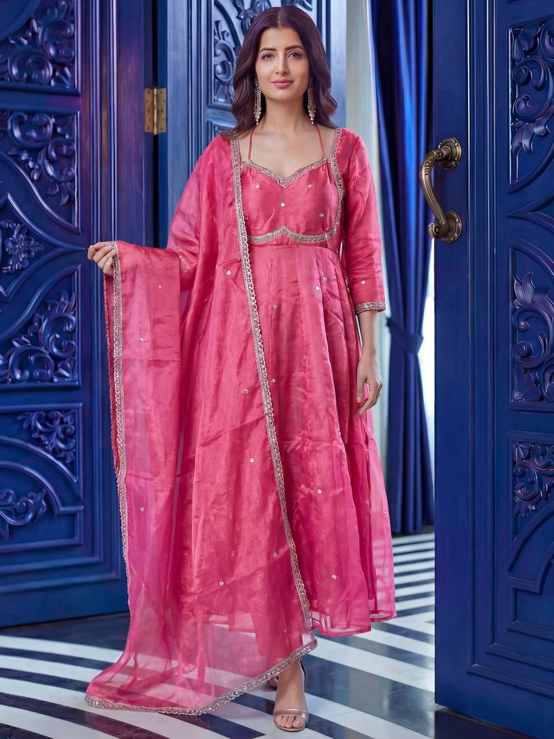 Outstanding Pink Sequins Silk Function Wear Gown With Dupatta