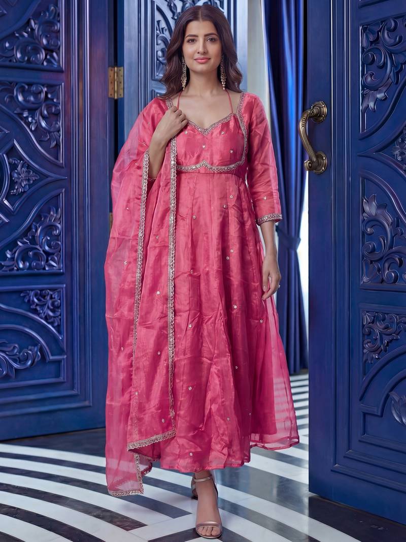 Outstanding Pink Sequins Silk Function Wear Gown With Dupatta