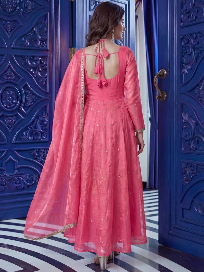 Outstanding Pink Sequins Silk Function Wear Gown With Dupatta