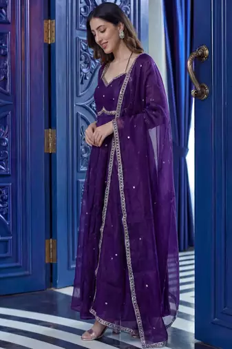 Wonderful Purple Sequins Silk Festival Wear Gown With Dupatta