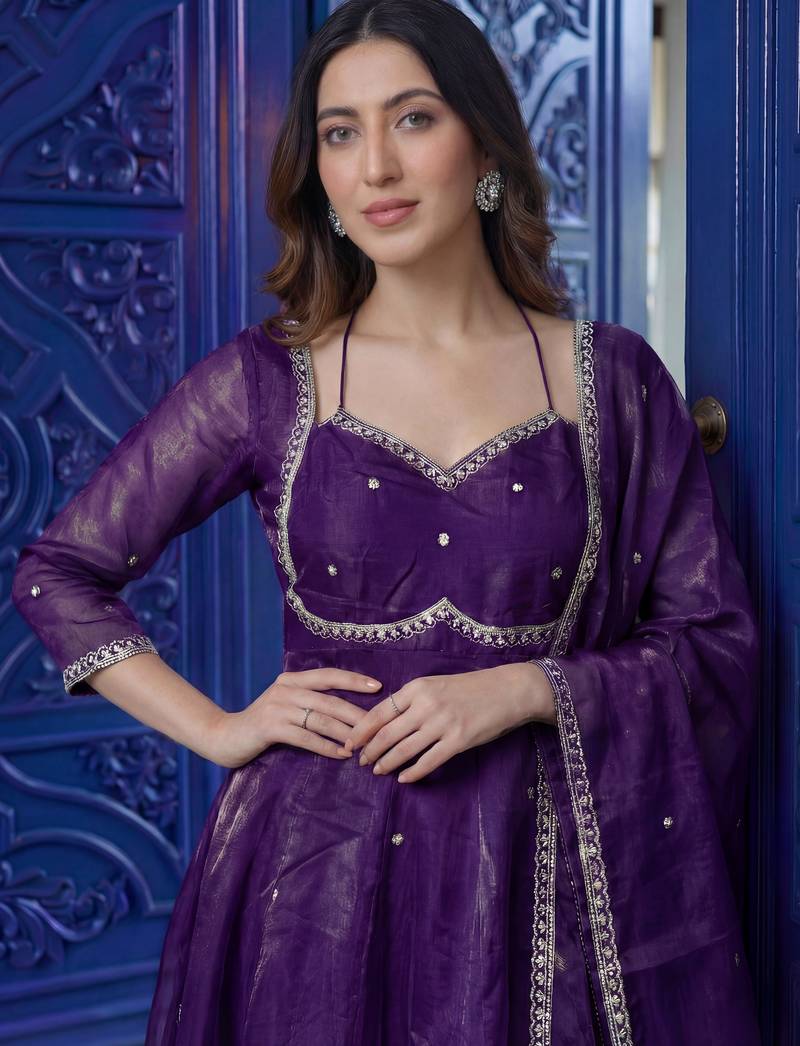 Wonderful Purple Sequins Silk Festival Wear Gown With Dupatta