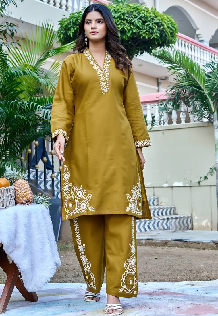 Embroidered Three-Quarter Sleeves Flex  Cotton Top With Trouser