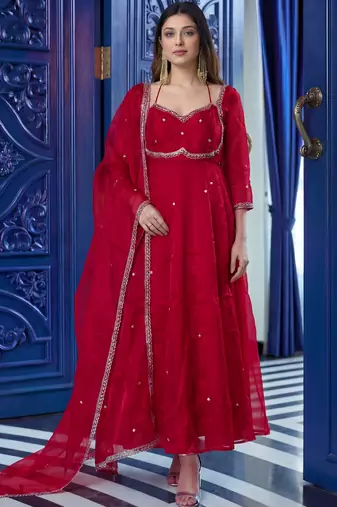 Incredible Maroon Sequins Silk Function Wear Gown With Dupatta